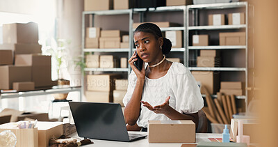 Buy stock photo Upset, woman and phone call for logistics, startup and worried for delivery delay and communication. Unhappy, entrepreneur and black person with mobile for discussion, stock or dropshipping on laptop