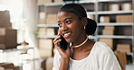 Startup, phone call and woman with smile, logistics or communication with supplier for supply chain. Happy, entrepreneur and black person with mobile for distribution, discussion and order in factory