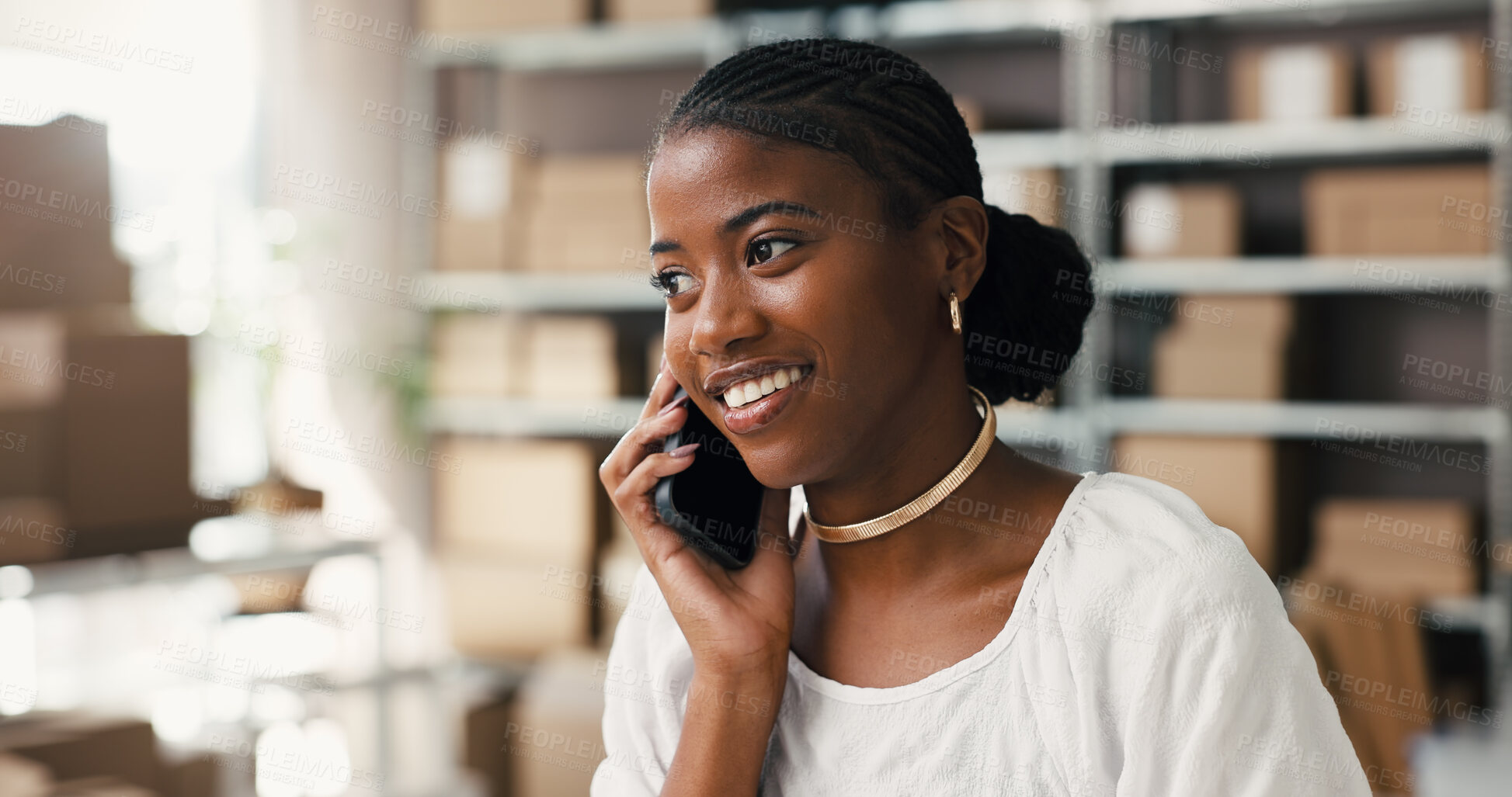 Buy stock photo Startup, phone call and woman with smile, logistics or communication with supplier for supply chain. Happy, entrepreneur and black person with mobile for distribution, discussion and order in factory