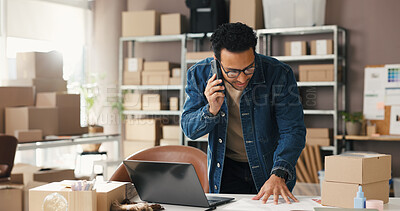 Buy stock photo Small business, man or phone call with document in logistics for shipping, delivery invoice or update. Ecommerce, person and speaking to client in warehouse for pricing enquiry, supply chain or order