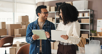 Buy stock photo Happy, paperwork and people on tablet for supply chain, online orders and shipping website. Small business, team and man with woman on tech for logistics report, delivery schedule and distribution