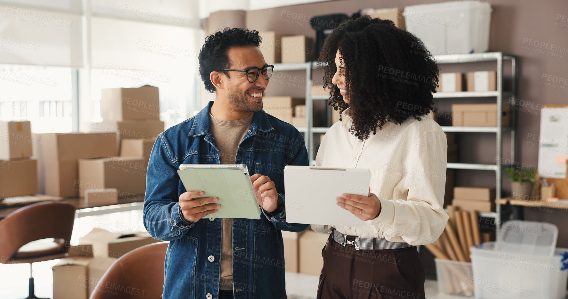 Buy stock photo Happy, paperwork and people on tablet for supply chain, online orders and shipping website. Small business, team and man with woman on tech for logistics report, delivery schedule and distribution