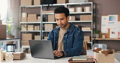 Buy stock photo Man, typing and laptop for logistics of ecommerce for inventory update, online order and delivery. Male person, pc and check stock of cosmetics, supply chain and customer information for distribution