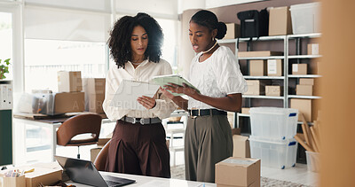 Buy stock photo Talking, clipboard and women on tablet for supply chain, online orders and shipping website. Small business, team and people on digital tech for logistics report, delivery schedule and distribution