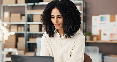 Buy stock photo African woman, laptop and logistics of ecommerce with inventory report, online orders and delivery. Female person, pc and check stock for shipping, supply chain and quality assurance for distribution