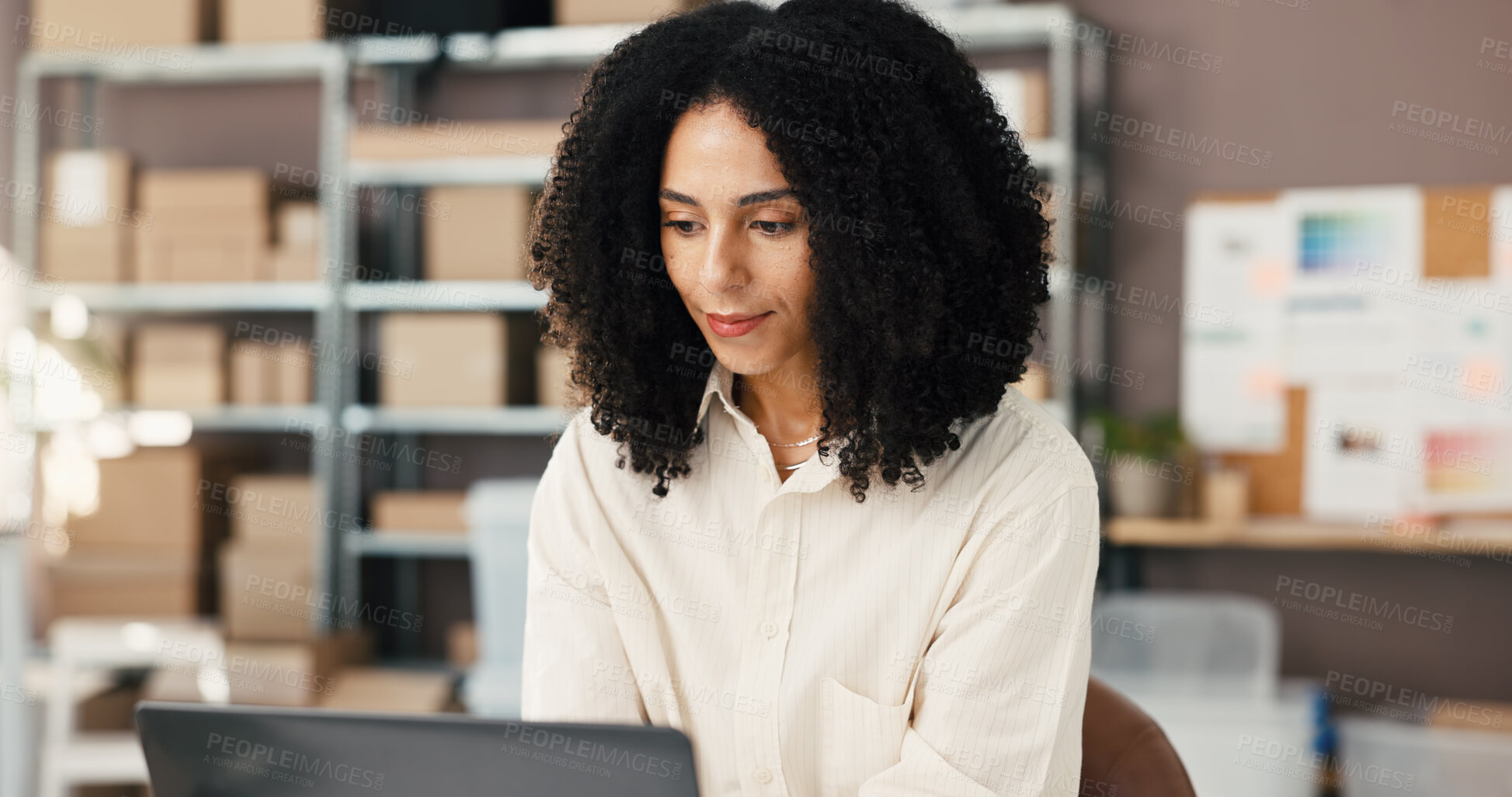 Buy stock photo African woman, laptop and logistics of ecommerce with inventory report, online orders and delivery. Female person, pc and check stock for shipping, supply chain and quality assurance for distribution