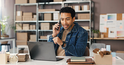 Buy stock photo Phone call, laptop and logistics with man in warehouse for supplier, inventory manager and contact. Delivery confirmation, shipping help desk and courier advisor with person for distribution faq
