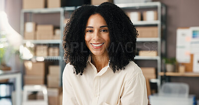 Buy stock photo Woman, smile and portrait in small business for ecommerce, supply chain or distribution. Entrepreneur, supplier and boxes in storage for export, startup growth or stock inventory for logistics