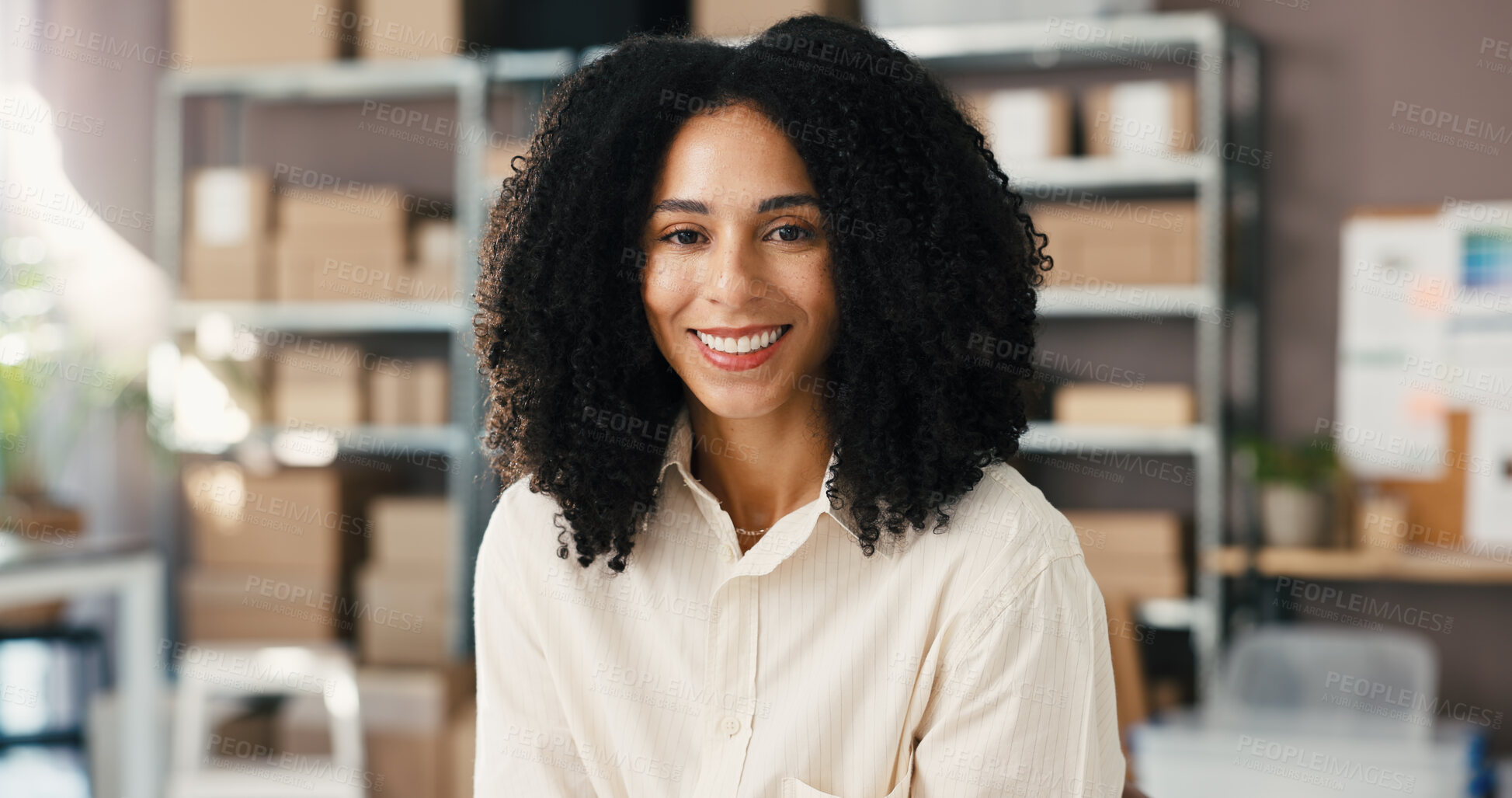 Buy stock photo Woman, smile and portrait in small business for ecommerce, supply chain or distribution. Entrepreneur, supplier and boxes in storage for export, startup growth or stock inventory for logistics