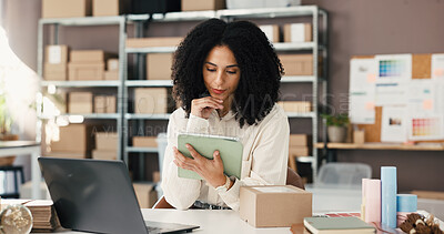 Buy stock photo Woman, tablet and reading in small business for logistics, supply chain or distribution. Entrepreneur, supplier and boxes in storage for export, startup growth or stock inventory for ecommerce