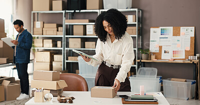 Buy stock photo Ecommerce, package and woman with tablet in office, review stock info and check order details for shipping. Online shopping, supply chain and people coworking for parcel distribution, tech or startup