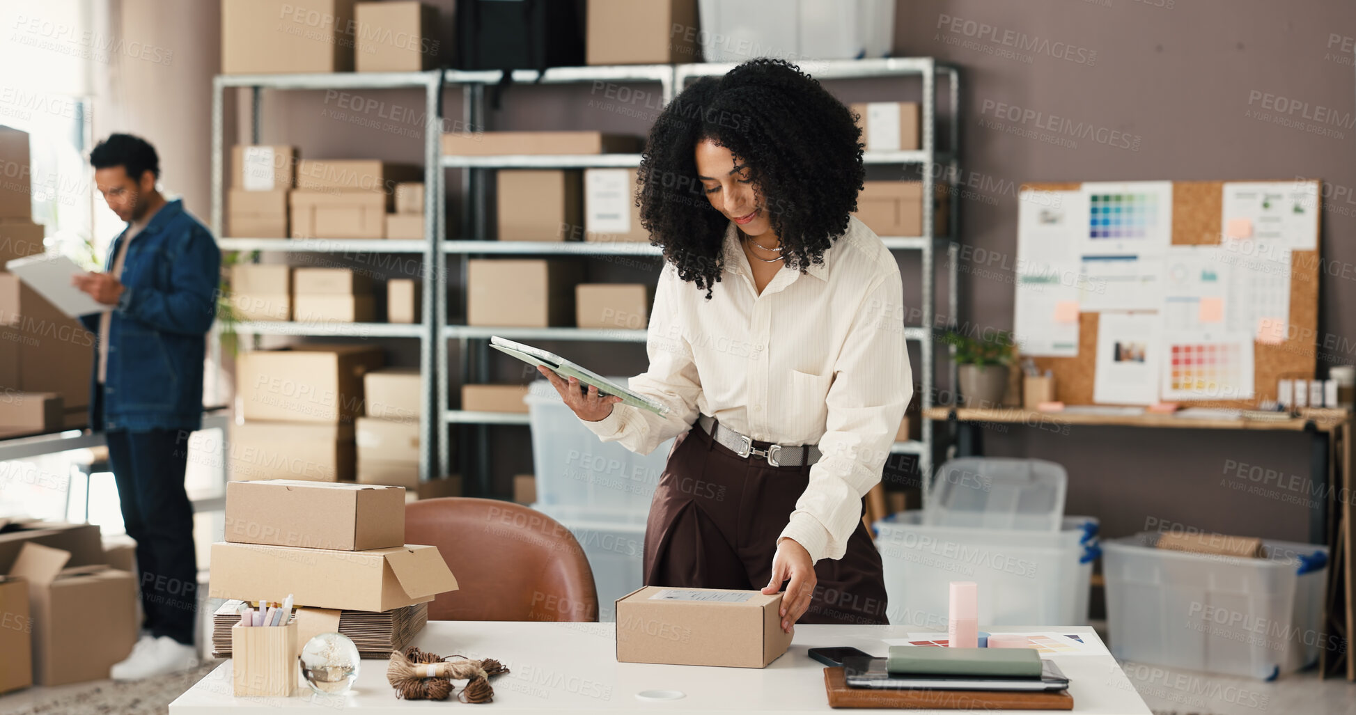 Buy stock photo Ecommerce, package and woman with tablet in office, review stock info and check order details for shipping. Online shopping, supply chain and people coworking for parcel distribution, tech or startup