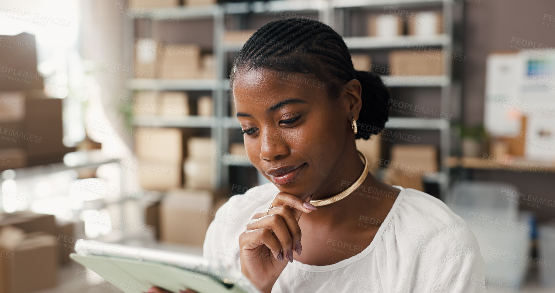 Buy stock photo Thinking, tablet and ecommerce with black woman in warehouse for shipping, logistics report and vision. Reflection, courier route idea and delivery information with person for online supplier review