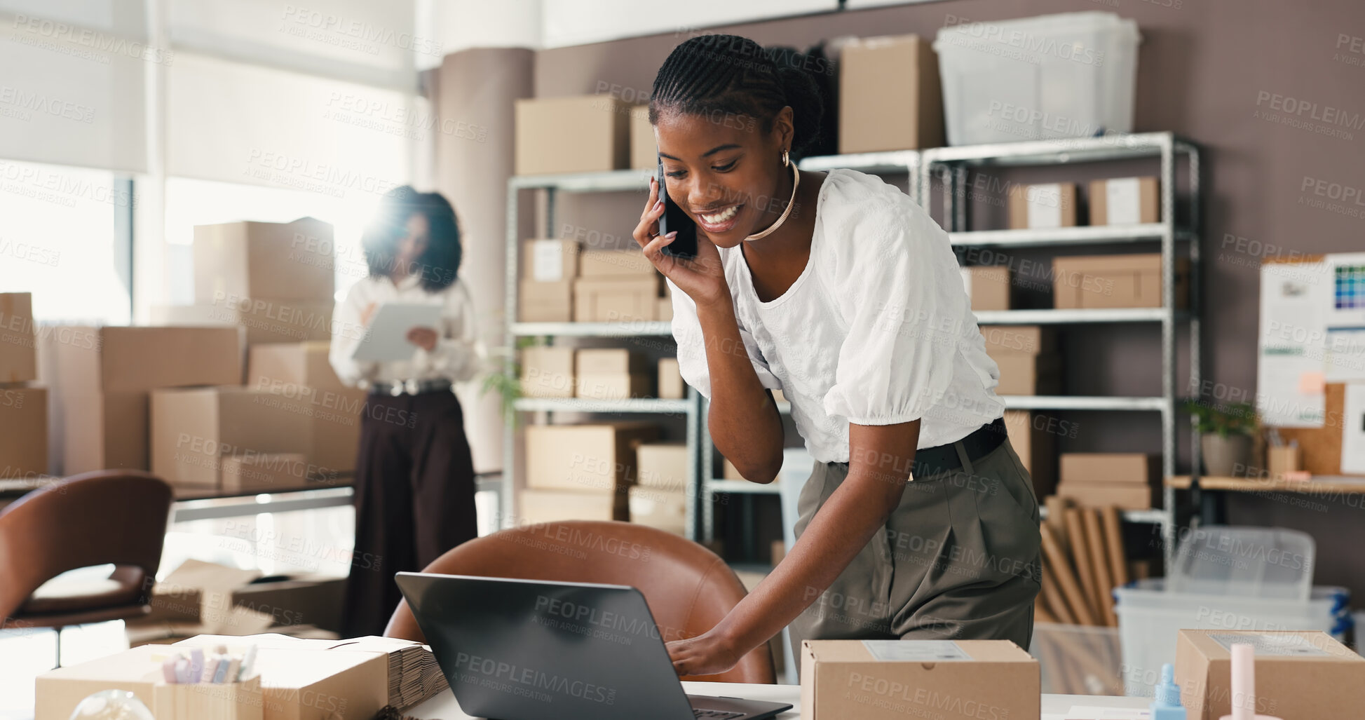 Buy stock photo Startup, phone call and woman with laptop, ecommerce or communication with supplier for distribution. Happy, entrepreneur and black person with mobile for supply chain, typing and order on website