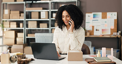 Buy stock photo Phone call, laptop and shipping with woman in warehouse for supplier, inventory manager and contact. Delivery confirmation, ecommerce help desk and courier advisor with person for distribution faq