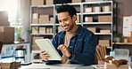 Smile, man and tablet for logistics of ecommerce for inventory update, online order and delivery. Male person, tech or check stock of cosmetics, supply chain and customer information for distribution