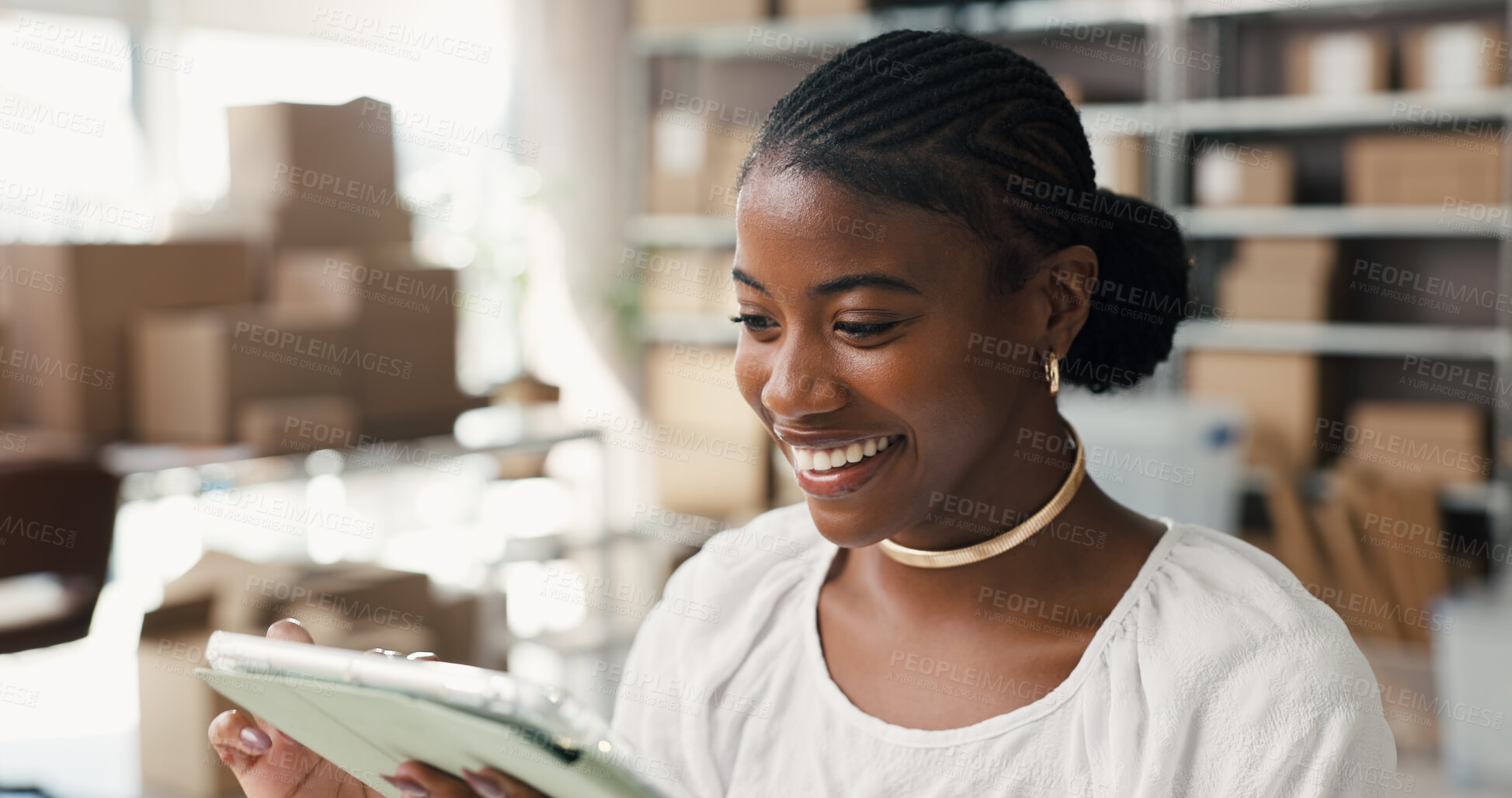 Buy stock photo Black woman, smile and tablet in small business for logistics, supply chain or distribution. Entrepreneur, supplier and boxes in storage for export, startup growth or stock inventory for ecommerce