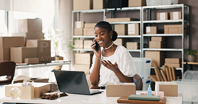 Buy stock photo Happy, phone call and woman with laptop, distribution and communication with supplier for ecommerce. Logistics, entrepreneur and black person with mobile for supply chain, discussion and order on web