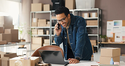Buy stock photo Phone call, supply chain and man with laptop, smile and schedule for delivery. Person, business owner and entrepreneur with cellphone, distribution and pc with online shop, communication and shipping