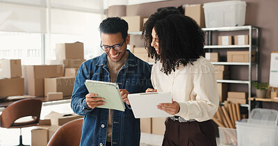 Buy stock photo Tablet, clipboard and people in meeting for supply chain, online orders and shipping website. Small business, team and man with woman on tech for logistics report, delivery schedule and distribution