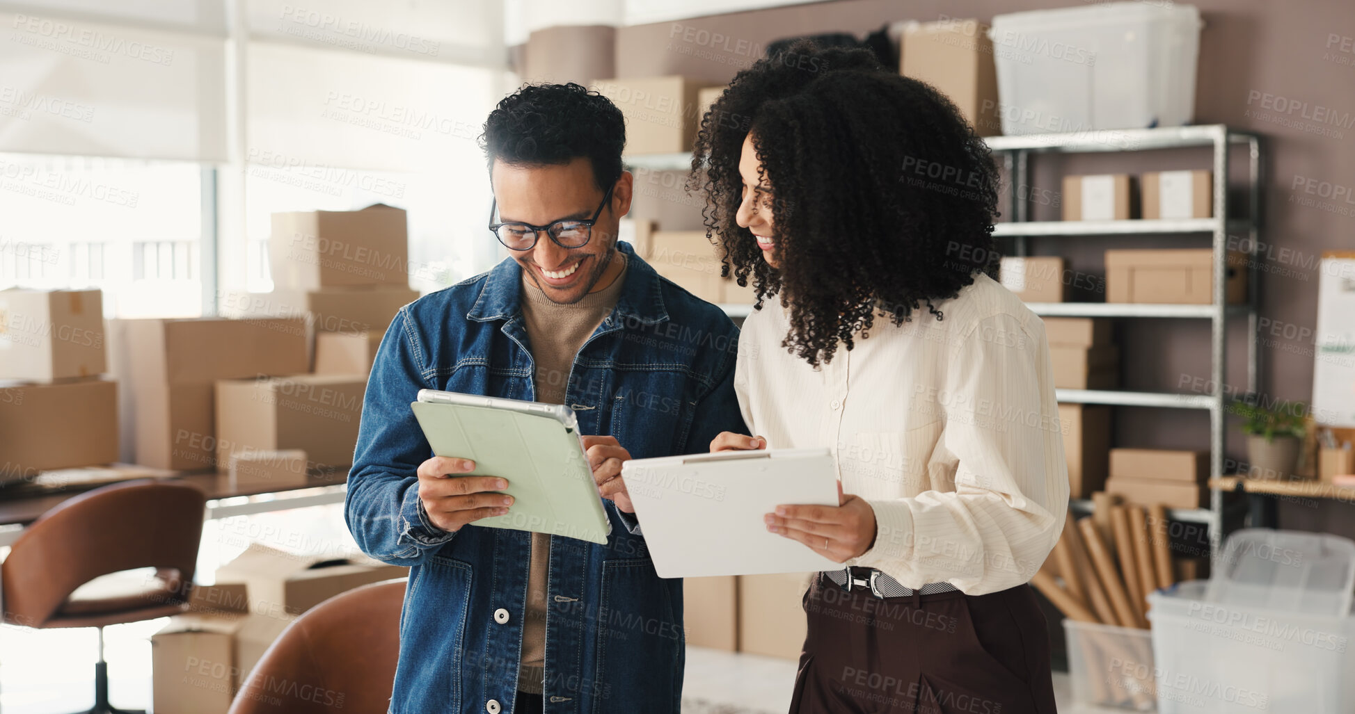 Buy stock photo Tablet, clipboard and people in meeting for supply chain, online orders and shipping website. Small business, team and man with woman on tech for logistics report, delivery schedule and distribution