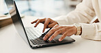 Hands, laptop and typing for logistics, dropshipping and editing newsletter for online shopping sale. Person, entrepreneur and computer with inventory management, notes and ecommerce store at startup