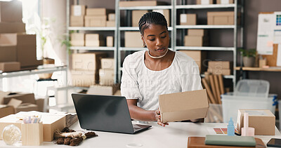 Buy stock photo Black woman, laptop and logistics with box for small business startup or delivery schedule in store. Female person, distributor or supplier with parcel, package or computer for safe courier service