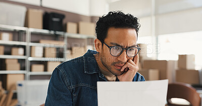 Buy stock photo Thinking, supply chain and man with documents, stress and mistake with doubt, anxiety and tax report. Person, solution and business owner with paperwork, confused and frustrated with company audit