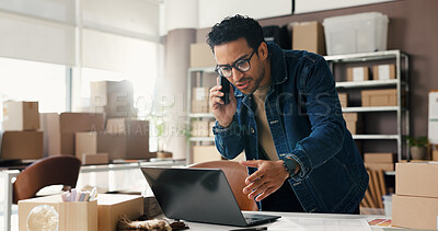 Buy stock photo Phone call, supply chain and man with laptop, stress and schedule for delivery. Person, mistake and entrepreneur with cellphone, distribution and pc with online shop, frustrated and upset with anger