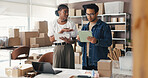 Meeting, paperwork and people on tablet for supply chain, online orders and shipping website. Small business, team and man with woman on tech for logistics report, delivery schedule and distribution