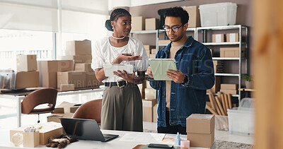 Buy stock photo Meeting, paperwork and people on tablet for supply chain, online orders and shipping website. Small business, team and man with woman on tech for logistics report, delivery schedule and distribution