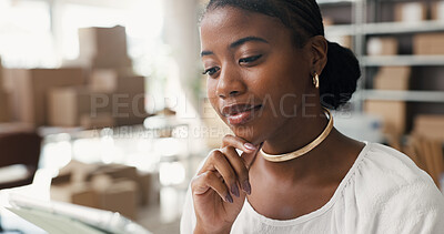 Buy stock photo Black woman, tablet and reading in small business for distribution, supply chain or ecommerce. Entrepreneur, supplier and boxes in storage for export, startup growth or stock inventory for logistics