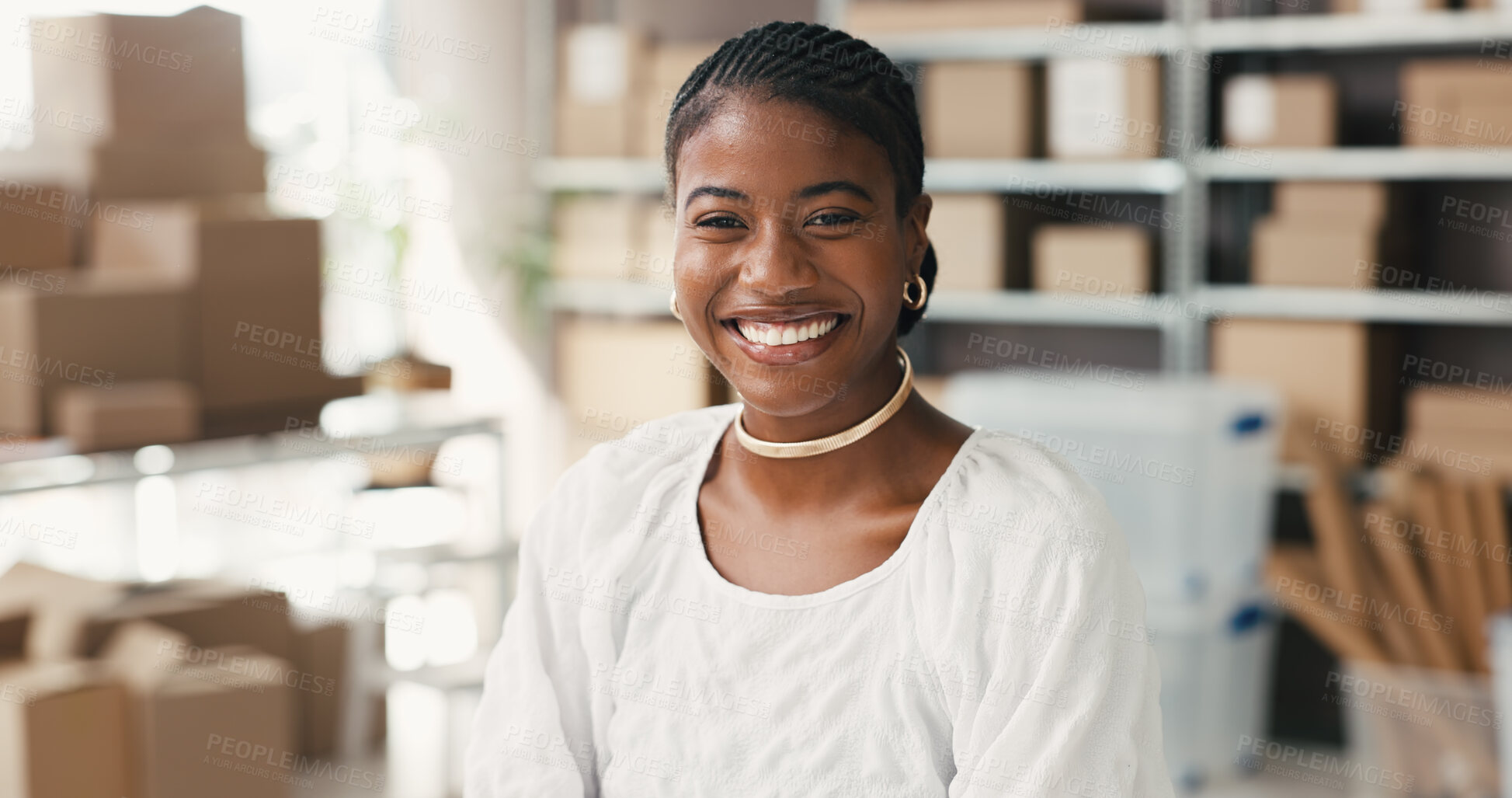 Buy stock photo Black woman, smile and portrait in small business for logistics, supply chain or distribution. Entrepreneur, supplier and boxes in storage for export, startup growth or stock inventory for ecommerce