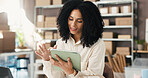 African woman, tablet and for starup ecommerce with inventory report, online order and delivery. Female person, digital and check stock for shipping, supply chain and quality control for distribution