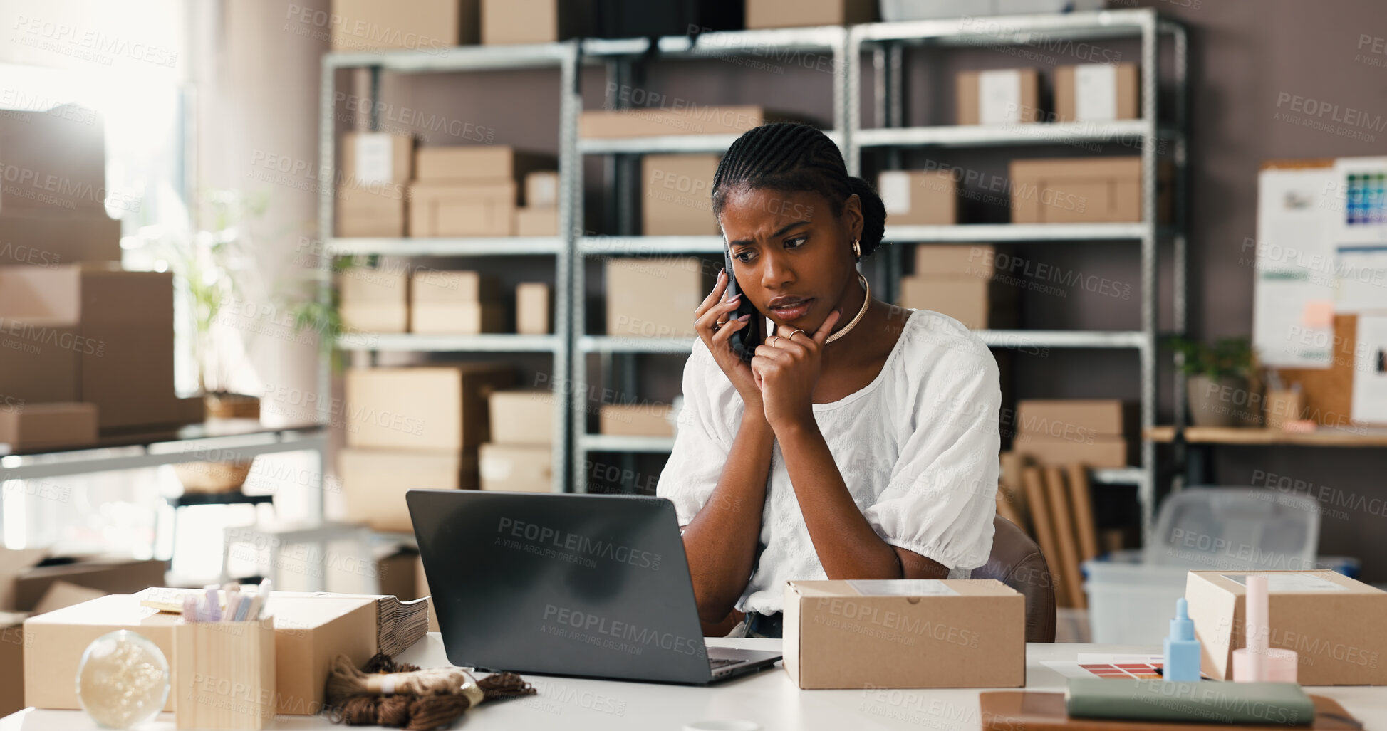 Buy stock photo Confused, woman and logistics with laptop, phone call and shipping delay on website and online shop. Unhappy, entrepreneur and black person with mobile for supply chain, talk and concern for order