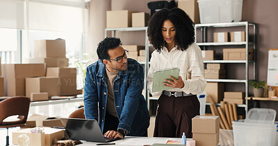 Buy stock photo Tablet, laptop and people in meeting for supply chain, online orders and shipping website. Small business, team and man with woman on tech for logistics update, delivery schedule and distribution