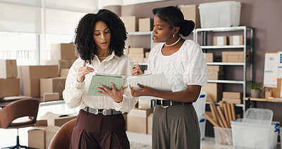 Buy stock photo Tablet, clipboard and women in meeting for supply chain, online orders and shipping website. Small business, team and people on digital tech for logistics report, delivery schedule and distribution