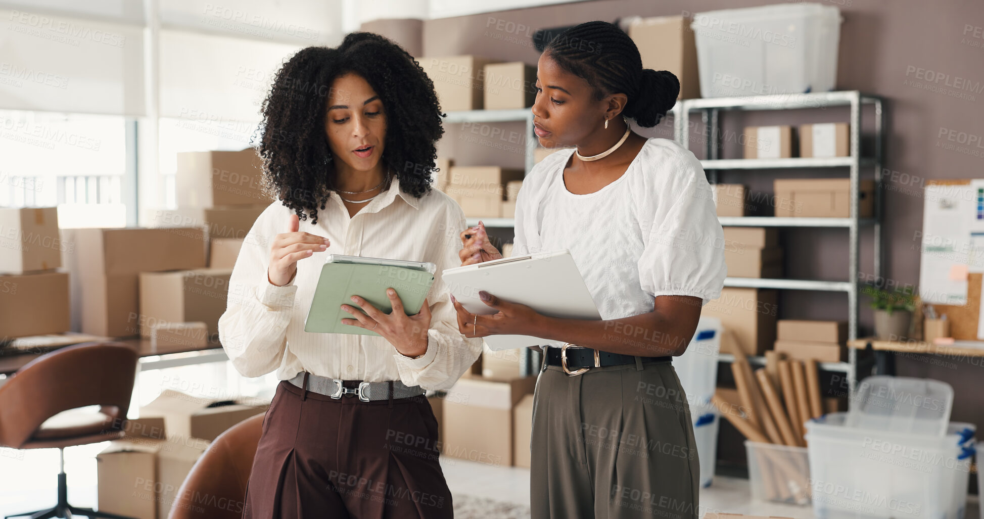 Buy stock photo Tablet, clipboard and women in meeting for supply chain, online orders and shipping website. Small business, team and people on digital tech for logistics report, delivery schedule and distribution