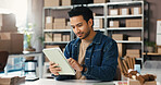 Man, reading and tablet for logistics of ecommerce for inventory, online order and delivery. Male person, digital and check stock for cosmetics, supply chain and customer information for distribution