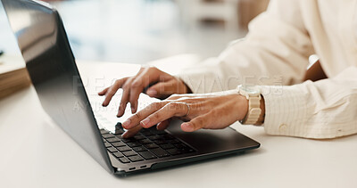 Buy stock photo Hands, laptop and typing at office with project, editing proposal or research at media company. Person, journalist and writer with computer, article review and feedback for story at creative agency