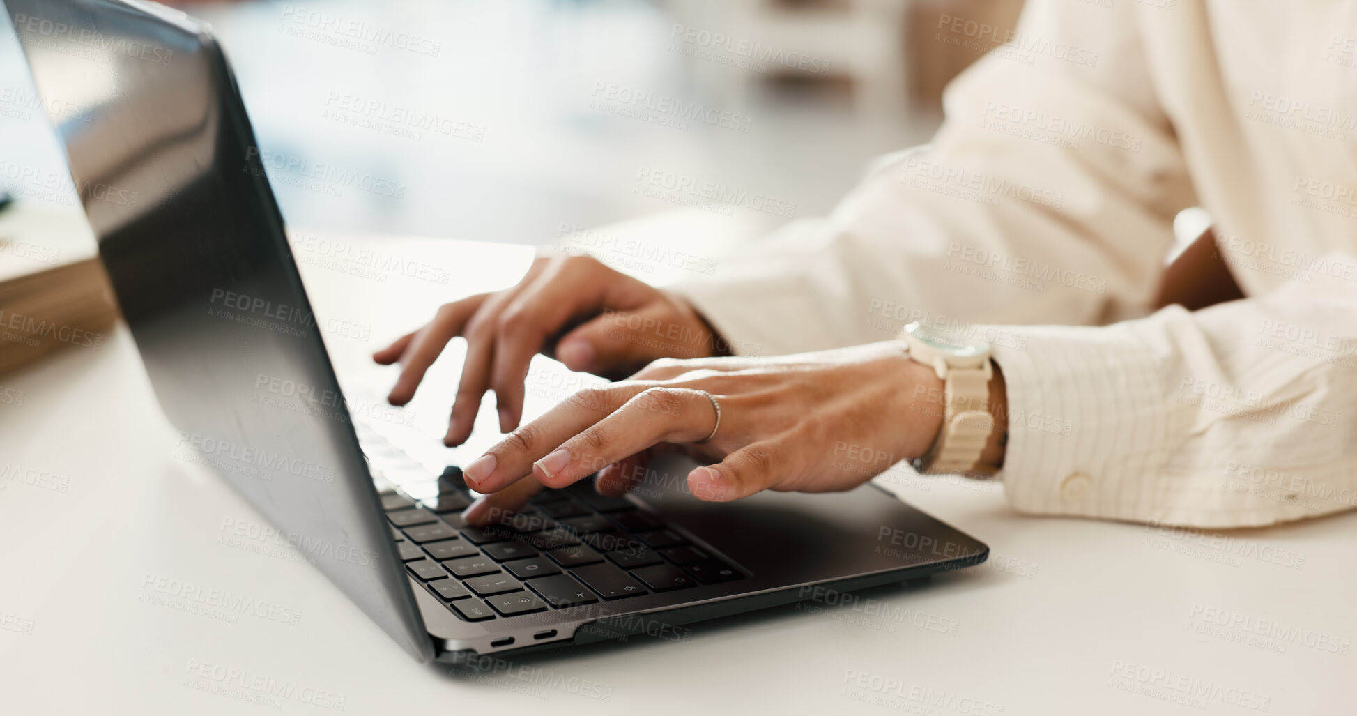 Buy stock photo Hands, laptop and typing at office with project, editing proposal or research at media company. Person, journalist and writer with computer, article review and feedback for story at creative agency