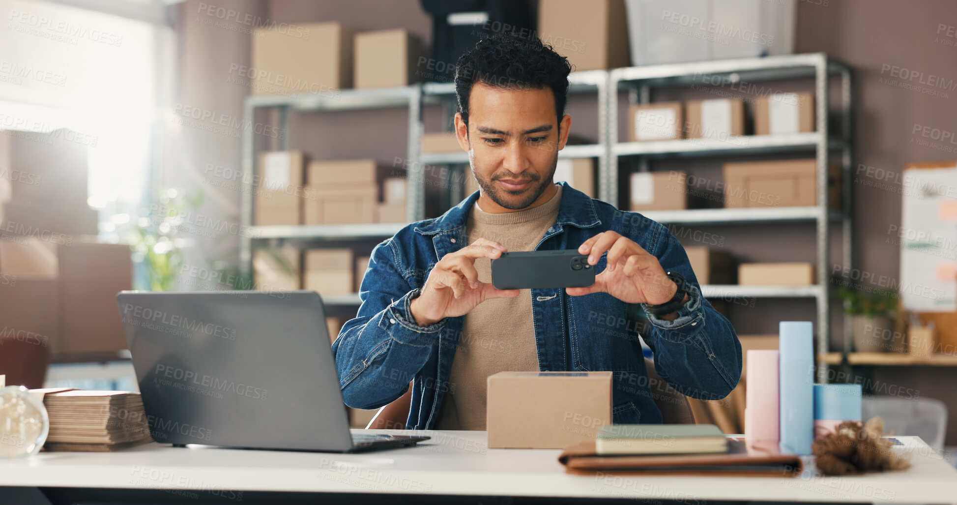 Buy stock photo Businessman, laptop and phone with box for delivery schedule, tracking or scan in warehouse. Man, employee or picture with mobile smartphone, parcel or package for supply chain or courier service
