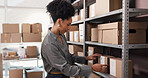 Ecommerce, box and shelf with woman in warehouse for inspection, shipping and supply chain. Delivery parcel, quality assurance and inventory management with person for cargo and distribution