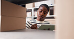 Ecommerce, tablet and stylus with black woman in warehouse for inspection, shipping and supply chain. Online checklist, quality assurance and inventory management with person for distribution