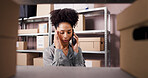 African woman, phone call and logistics in warehouse for inventory, contact supplier and schedule. Person, boxes and mobile discussion for shipping, supply chain and order inquiry for distribution