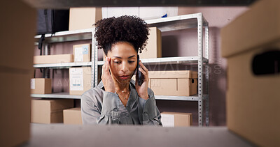 Buy stock photo African woman, phone call and logistics in warehouse for inventory, contact supplier and schedule. Person, boxes and mobile discussion for shipping, supply chain and order inquiry for distribution