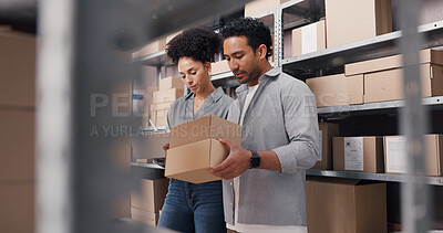 Buy stock photo Logistics, team or boxes with clipboard in warehouse for inventory, storage management or stock count. Small business, people and checklist for package inspection, supply chain and quality control