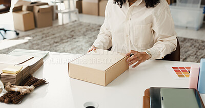 Buy stock photo Woman, hands and delivery with box for small business distribution, online order or packaging. Female person, entrepreneur or packing with parcel for courier service, logistics or supply chain