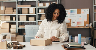 Buy stock photo Woman, packing and logistics with box for small business distribution, online order or packaging. Female person, entrepreneur or preparation with parcel for courier service, shipping or safe delivery