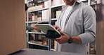 Ecommerce, tablet and scan with hands in warehouse for courier inspection, shipping and supply chain. Online checklist, quality assurance and inventory management with person for distribution check